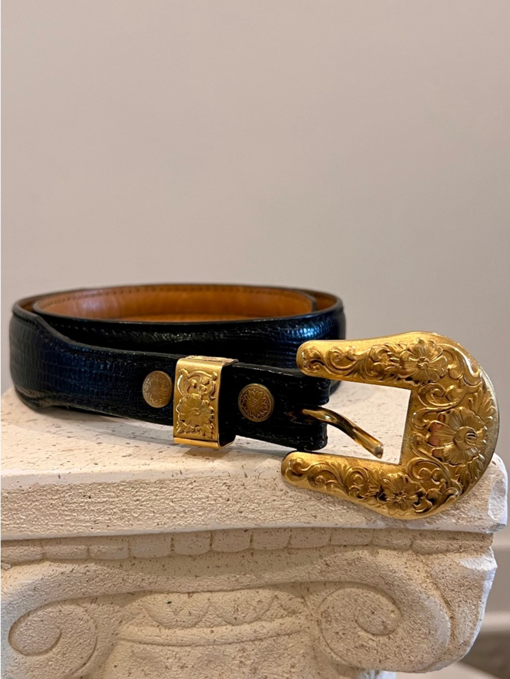 Vintage Al Beres USA Western Leather Belt Gold Engraved Cowboy Slim Black 30